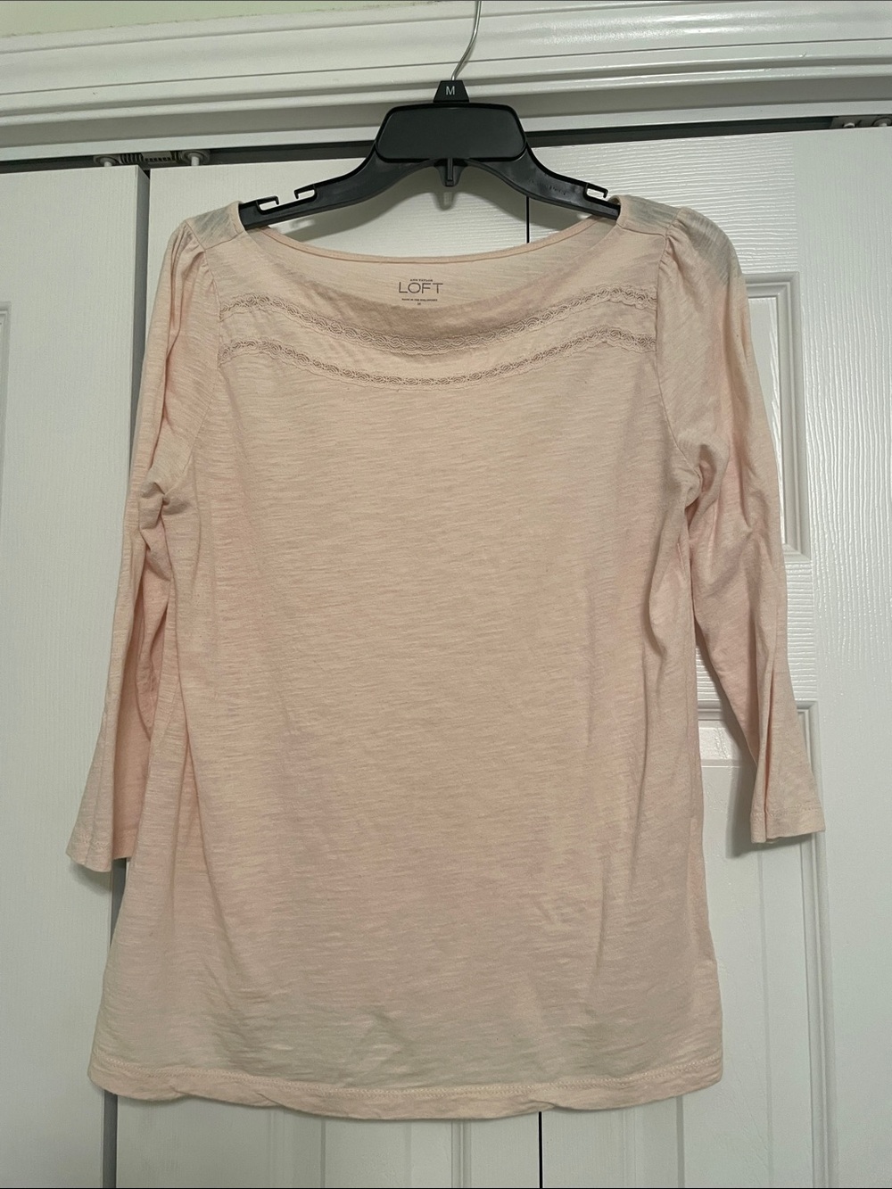 LOFT Light Pink Lace-Trim Boatneck 3/4 Sleeve Top